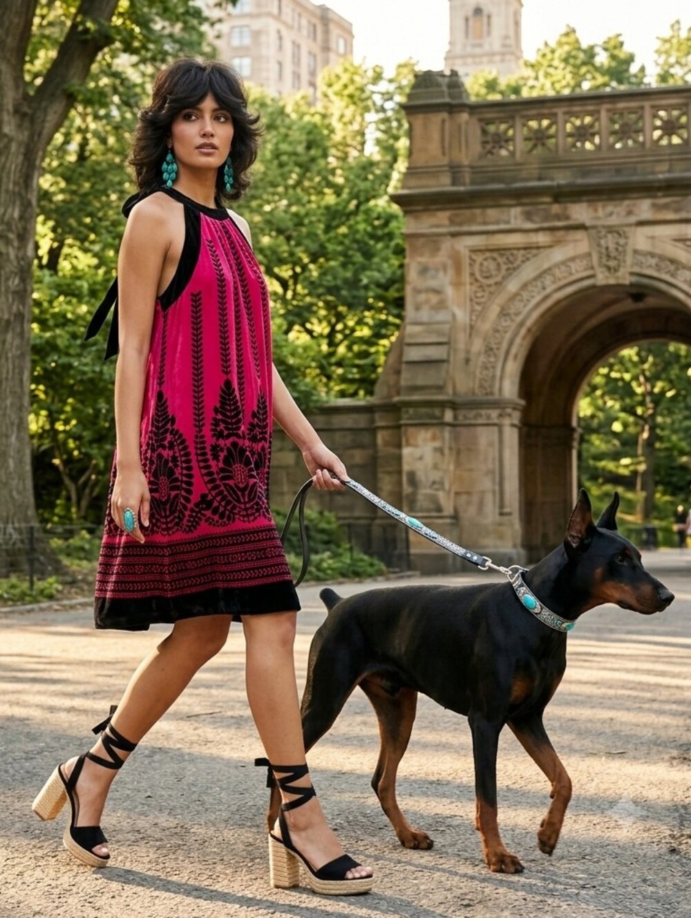 Magenta & Black Velvet Burnout Halter Dress - 70s Vibe (XS-S)